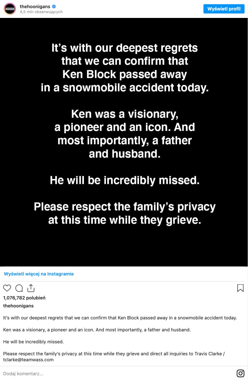 Ken Block nie żyje. Zmarł w wieku 55 lat