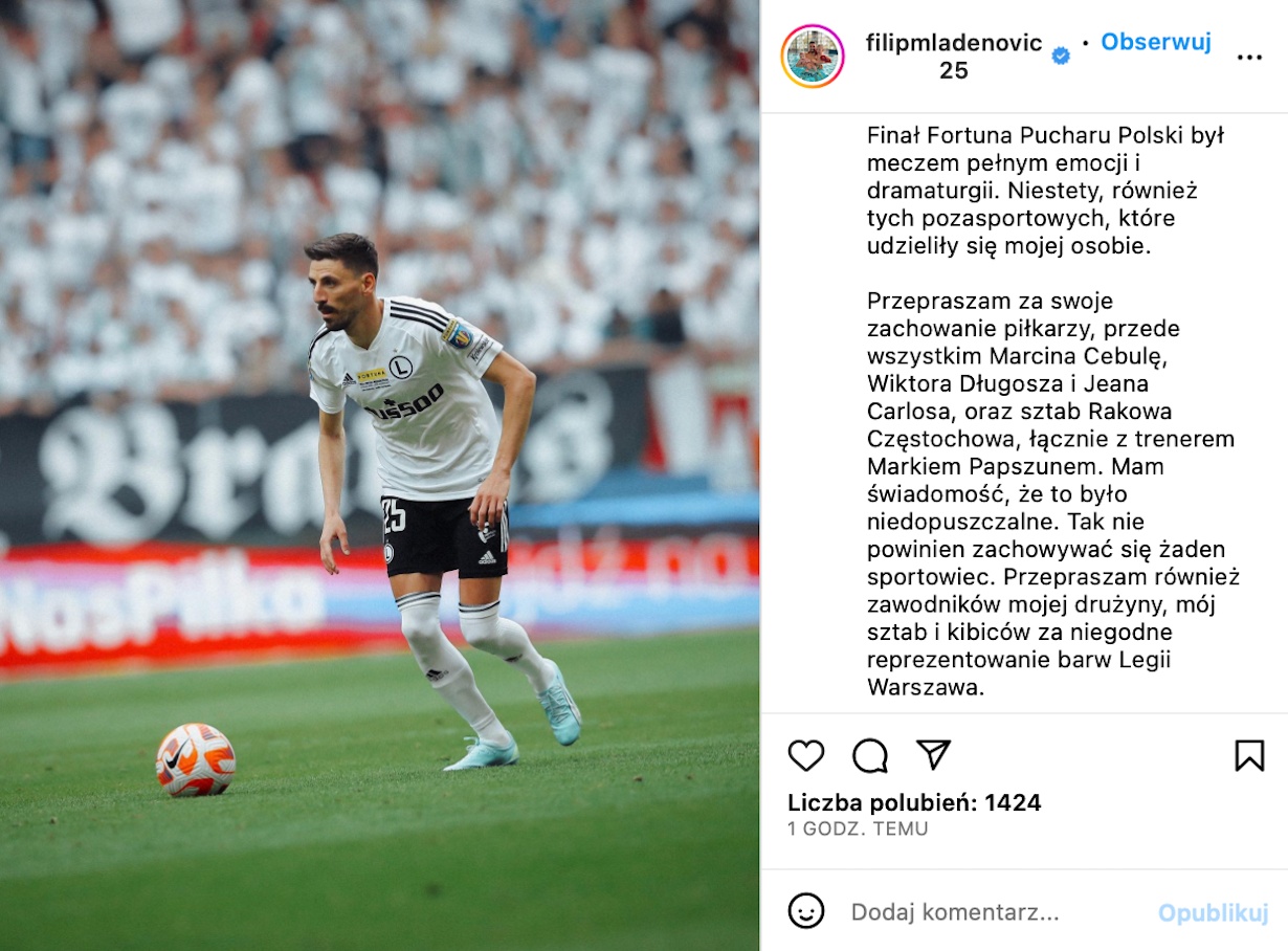 Filip Mladenović z oficjalnym oświadczeniem, które opublikował na Instagramie.