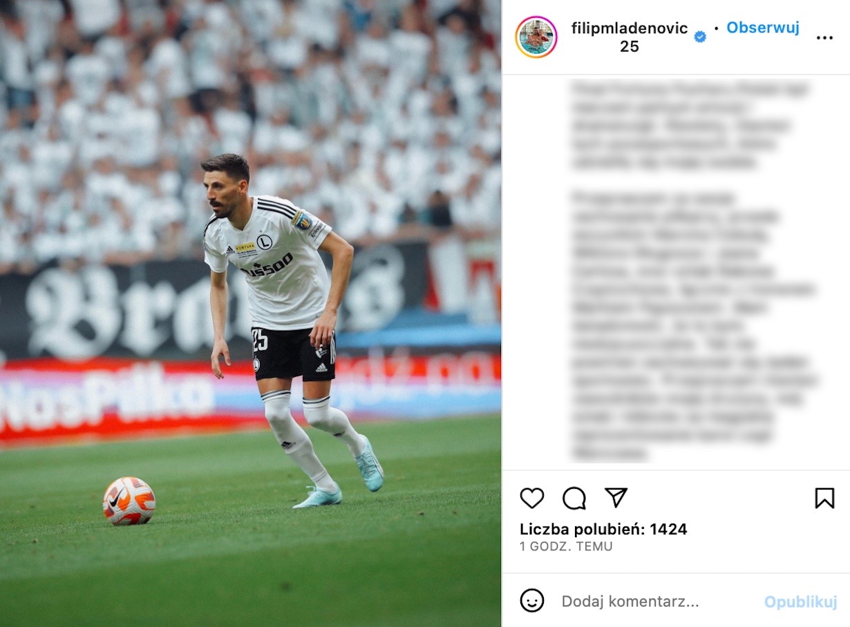 Filip Mladenović z oficjalnym oświadczeniem, które opublikował na Instagramie.