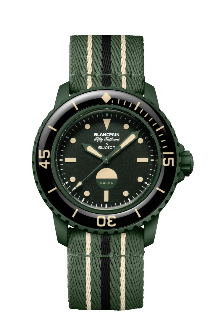 Green Abyss - nurkuj w głębię z zegarkiem Blancpain x Swatch Green Abyss Blancpain x Swatch Bioceramic Scuba Fifty Fathoms.