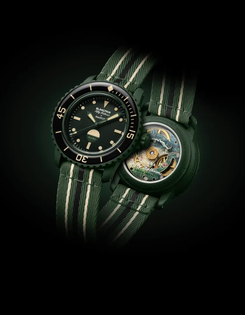 Green Abyss - nurkuj w głębię z zegarkiem Blancpain x Swatch Green Abyss Blancpain x Swatch Bioceramic Scuba Fifty Fathoms.