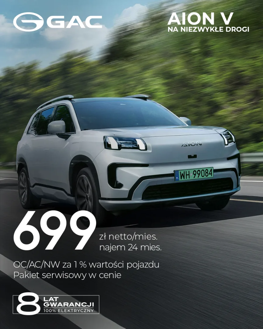 GAC Aion V za 699 zł netto miesięcznie. To elektryk z Chin GAC Aion V. Elektryk za 699 zł netto miesięcznie.