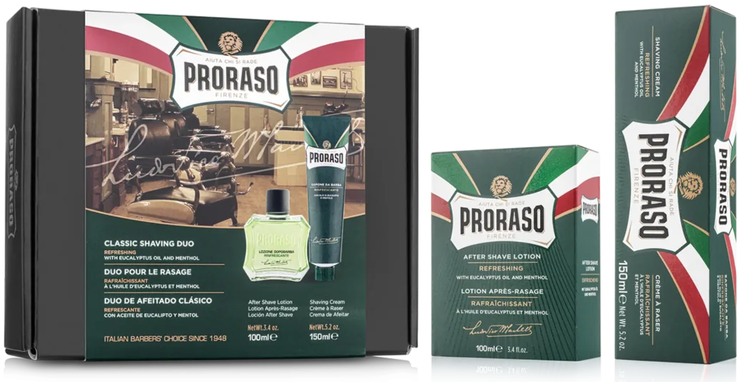 Prezenty na Dzień Dziadka: klasyczne zestawy PRORASO. Na zdjęciu CLASSIC SHAVING DUO GREEN