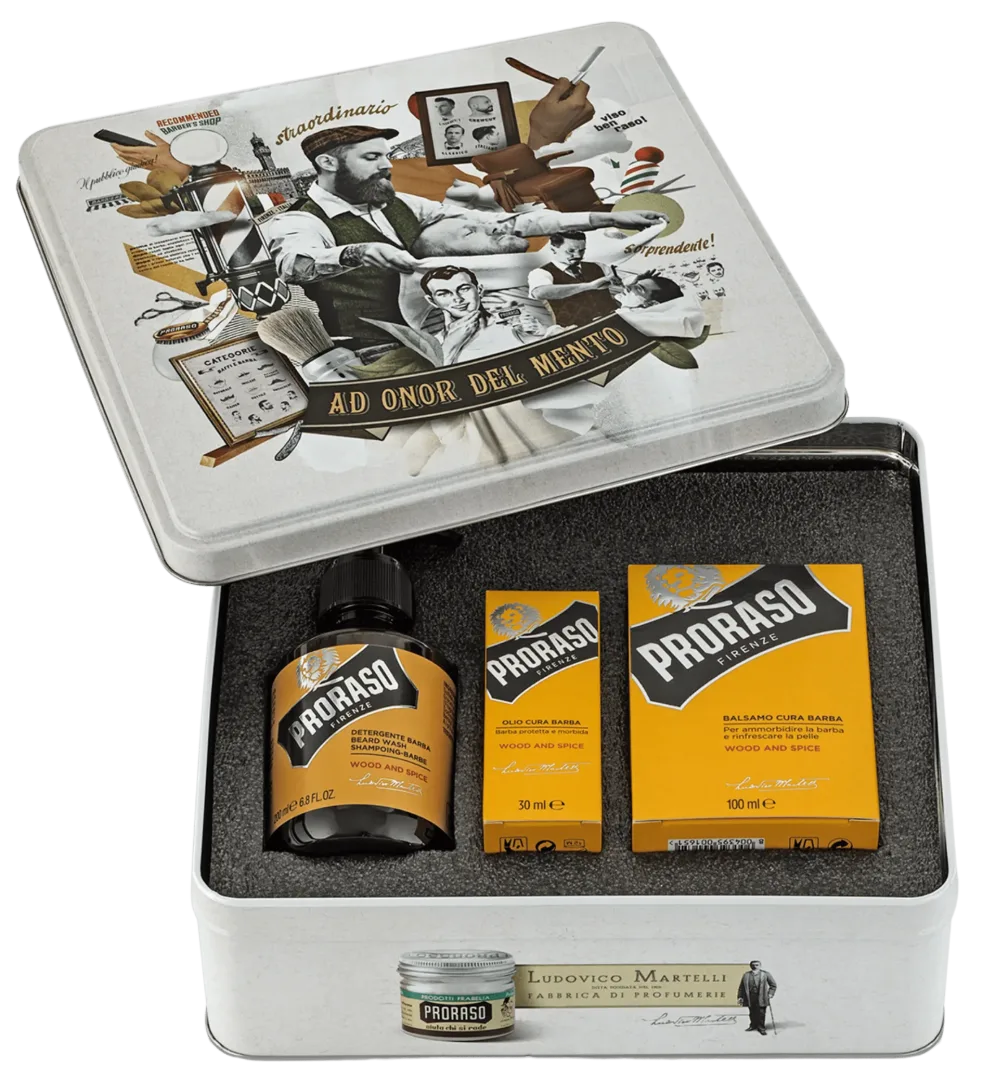 Prezenty na Dzień Dziadka: klasyczne zestawy PRORASO. Na zdjęciu METAL BOX BEARD CARE WOOD AND SPICE