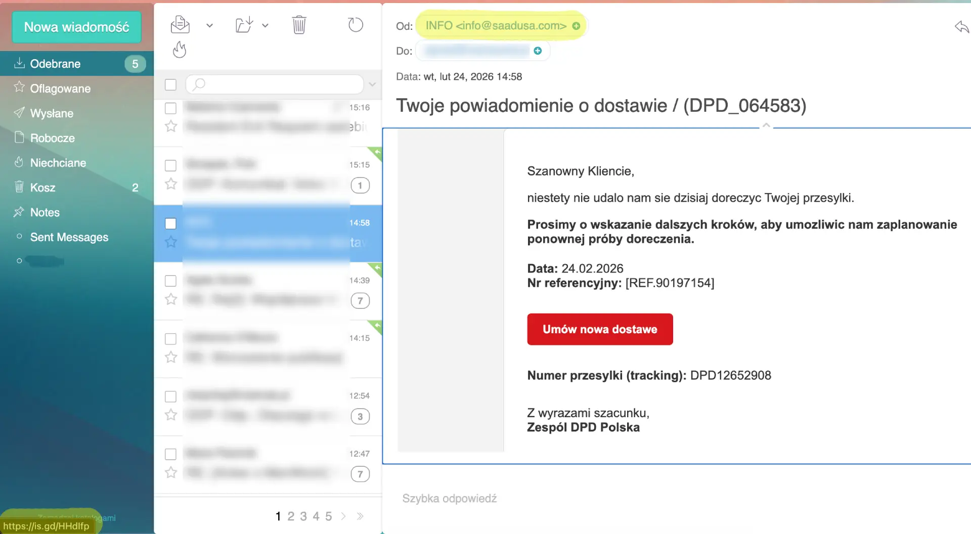 Fałszywy e-mail od firmy kurierskiej.