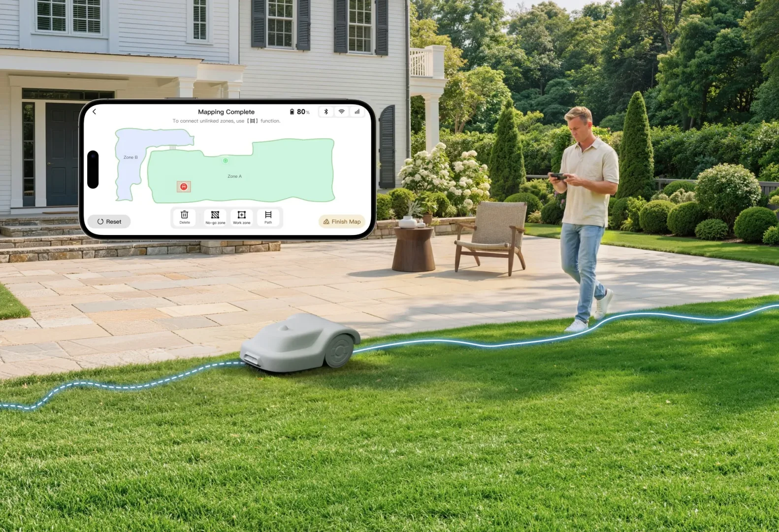 Roboty koszące MOVA oferują precyzyjne i wygodne mapowanie.